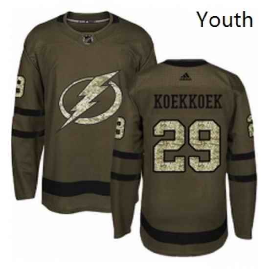 Youth Adidas Tampa Bay Lightning 29 Slater Koekkoek Authentic Green Salute to Service NHL Jersey